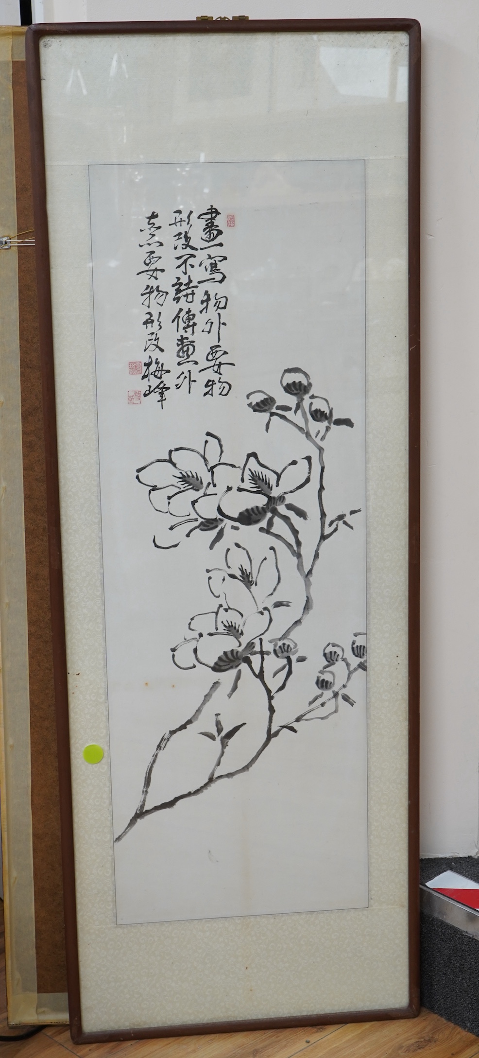 A pair of Chinese floral painted panels, signed with character marks and red seal marks, framed, 92 x 31cm